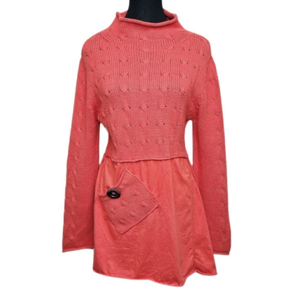 Pure Handknit Womens Size Small Mock Neck Coral Knit Long Sleeve Tunic Sweater